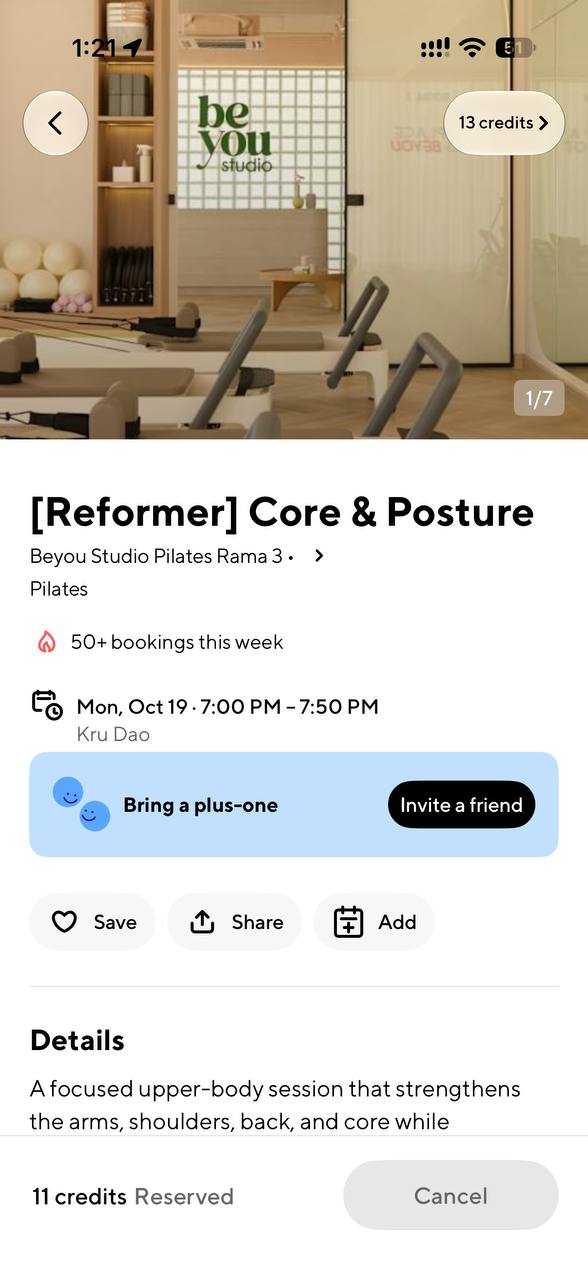 หน้าจอจองคลาส Core and Posture ที่ Beyou Studio
